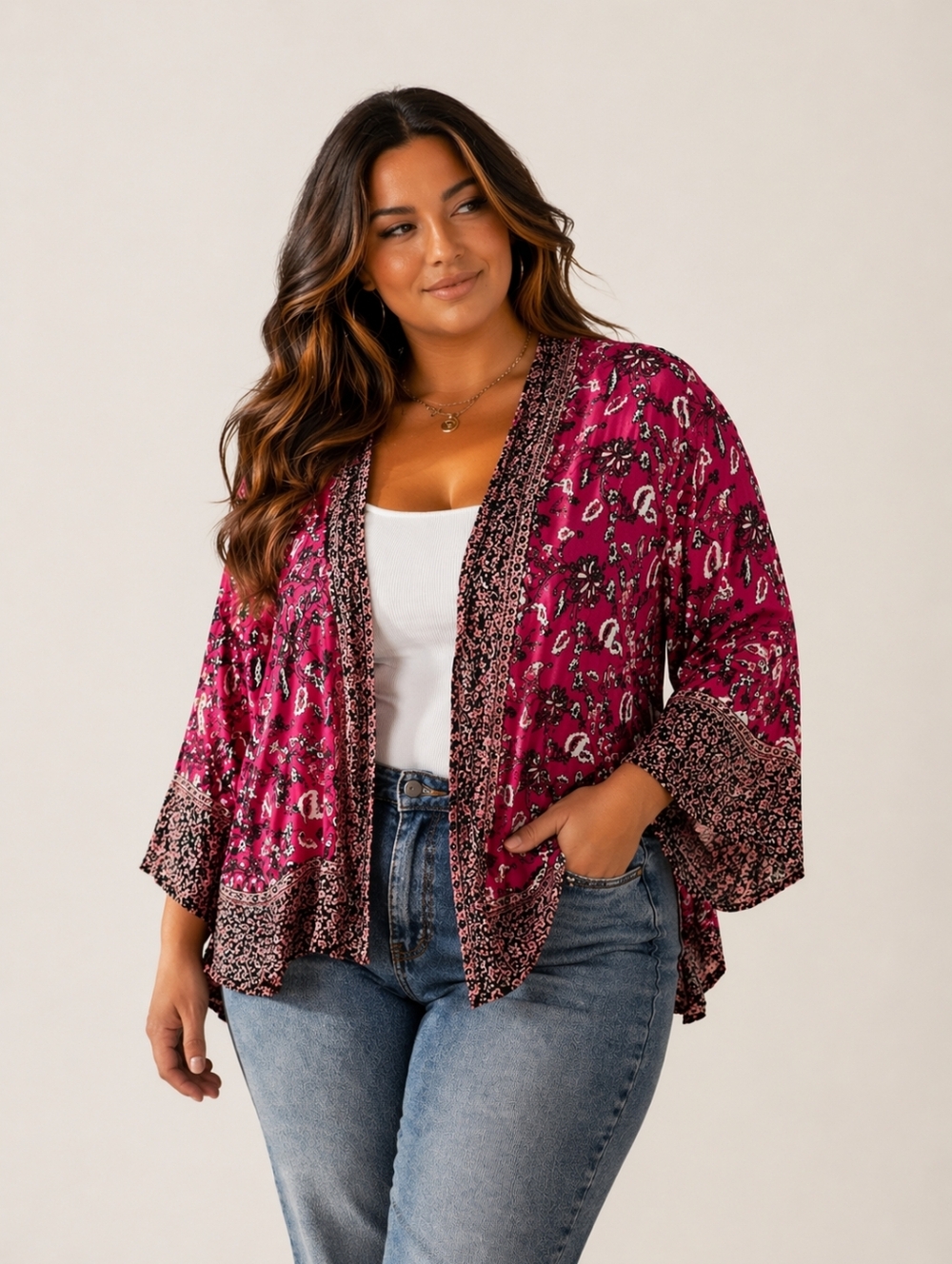 Torrid Fuchsia Floral Kimono Cardigan Cropped Boho Layer 1/2